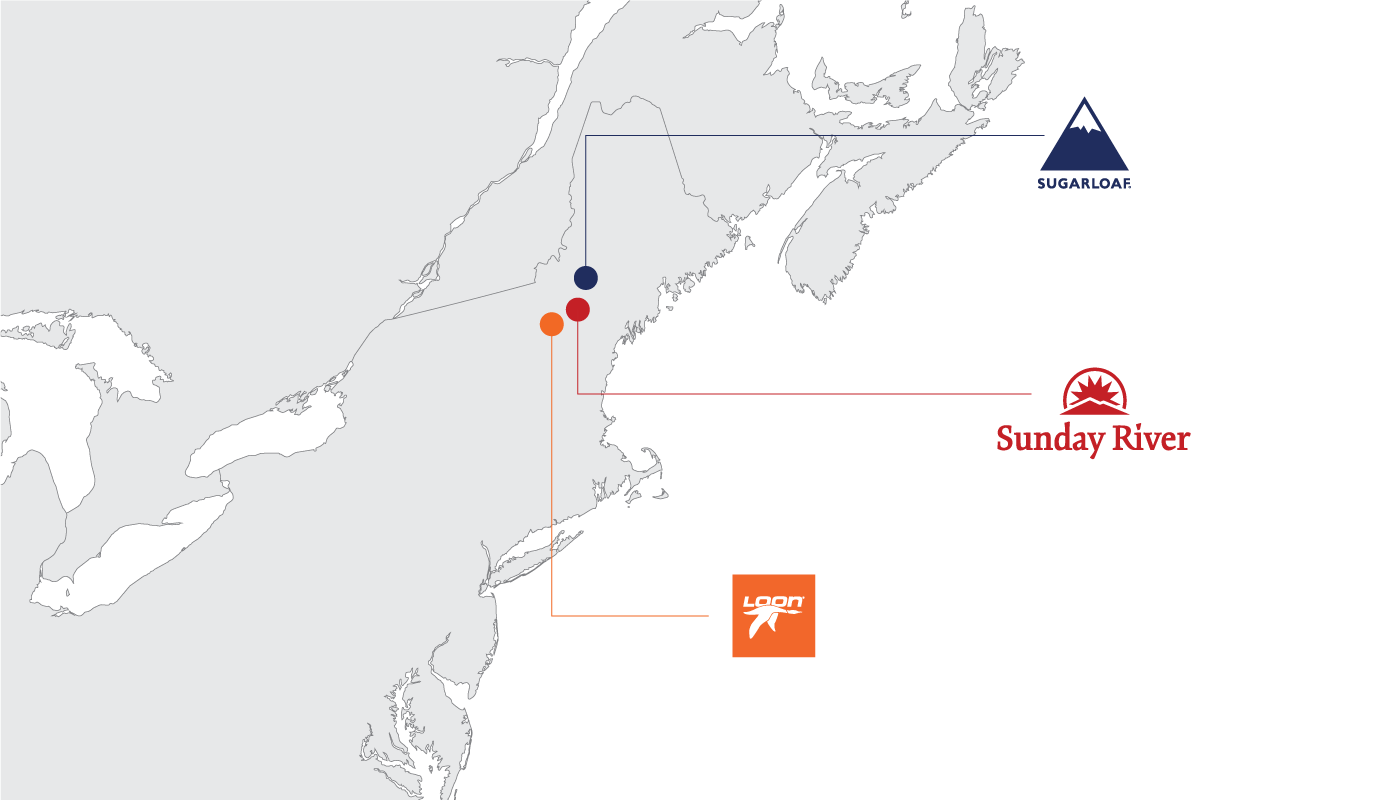 Map of the Northeastern United States showing the locations of Sunday River, Loon, and Sugarloaf Mountains
